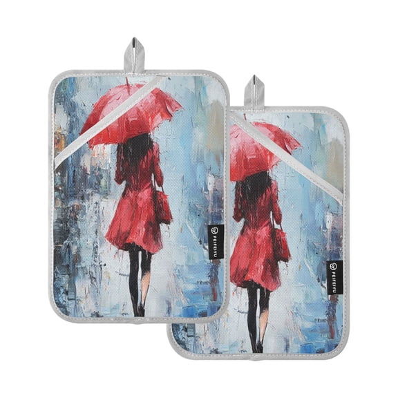 Two Pieces Of Square Heat Insulation Pad Oven Mitts 7x9.8 Inch Oven Microwave Kitchen Cooking Baking Cool Umbrella Woman