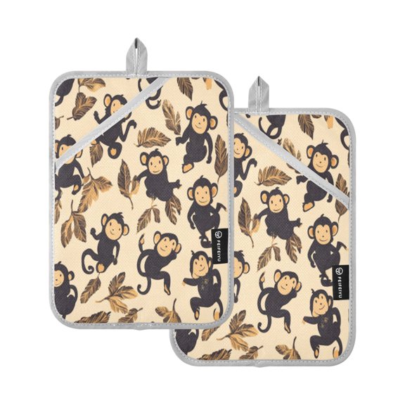 Two Pieces Of Square Heat Insulation Pad Oven Mitts 7x9.8 Inch Oven Microwave Kitchen Cooking Baking Cute Black Monkey