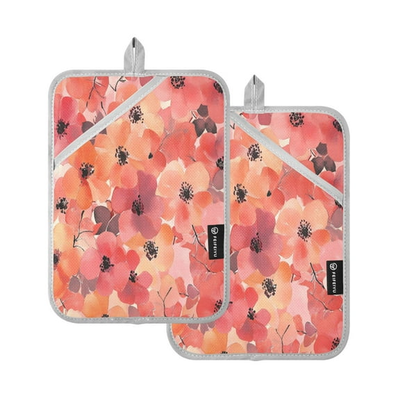 Two Pieces Of Square Heat Insulation Pad Oven Mitts 7x9.8 Inch Oven Microwave Kitchen Cooking Baking Dark Red Flowers