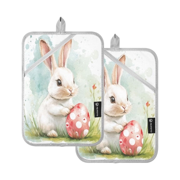 Two Pieces Of Square Heat Insulation Pad Oven Mitts 7x9.8 Inch Oven Microwave Kitchen Cooking Baking Easter White Rabbit
