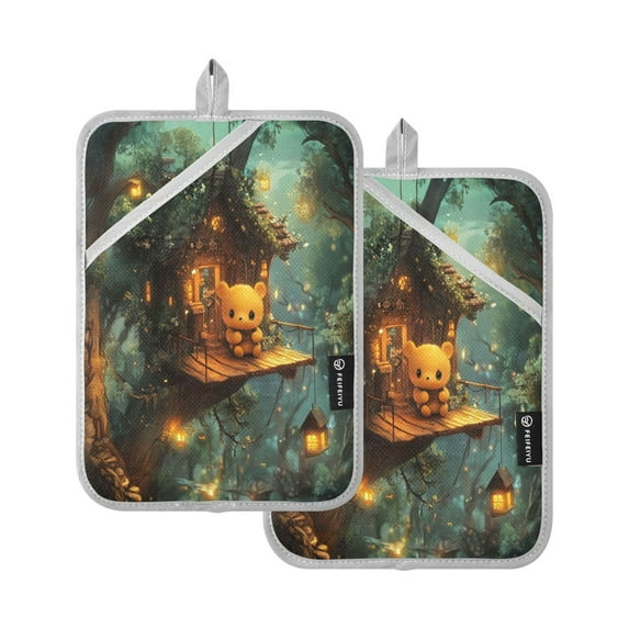 Two Pieces Of Square Heat Insulation Pad Oven Mitts 7x9.8 Inch Oven Microwave Kitchen Cooking Baking Forest Bear