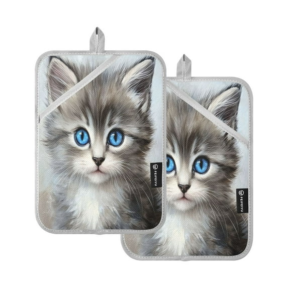 Two Pieces Of Square Heat Insulation Pad Oven Mitts 7x9.8 Inch Oven Microwave Kitchen Cooking Baking Grayish-black Cat