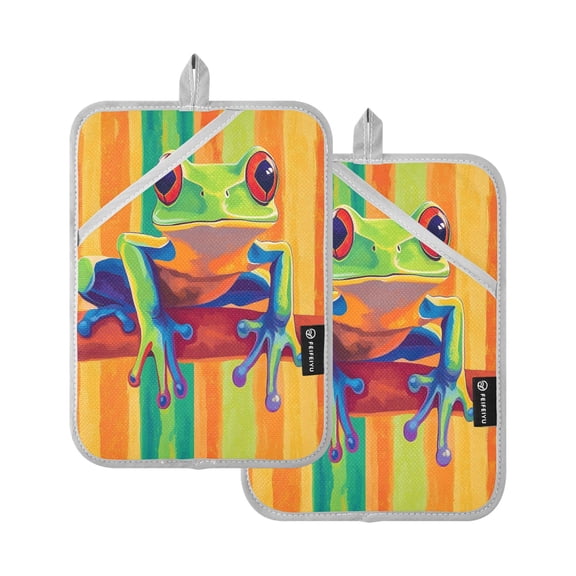 Two Pieces Of Square Heat Insulation Pad Oven Mitts 7x9.8 Inch Oven Microwave Kitchen Cooking Baking Green Frog