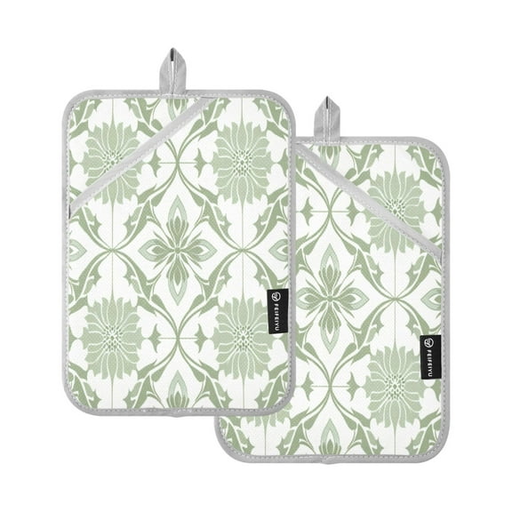 Two Pieces Of Square Heat Insulation Pad Oven Mitts 7x9.8 Inch Oven Microwave Kitchen Cooking Baking Green Pattern