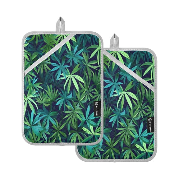 Two Pieces Of Square Heat Insulation Pad Oven Mitts 7x9.8 Inch Oven Microwave Kitchen Cooking Baking Large Green Leaf