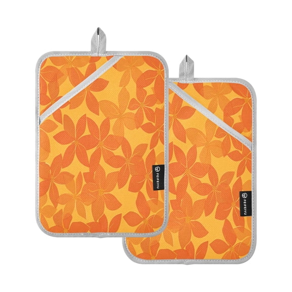 Two Pieces Of Square Heat Insulation Pad Oven Mitts 7x9.8 Inch Oven Microwave Kitchen Cooking Baking Large Orange Flowers