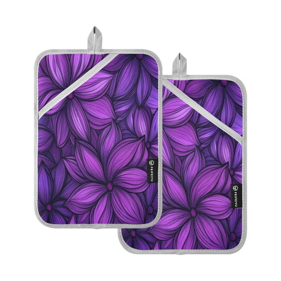 Two Pieces Of Square Heat Insulation Pad Oven Mitts 7x9.8 Inch Oven Microwave Kitchen Cooking Baking Large Purple Flower Pattern