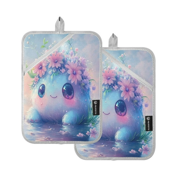 Two Pieces Of Square Heat Insulation Pad Oven Mitts 7x9.8 Inch Oven Microwave Kitchen Cooking Baking Little Blue Monster