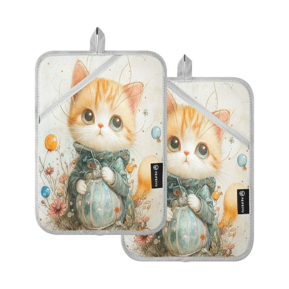 Two Pieces Of Square Heat Insulation Pad Oven Mitts 7x9.8 Inch Oven Microwave Kitchen Cooking Baking Little Orange Cartoon Cat