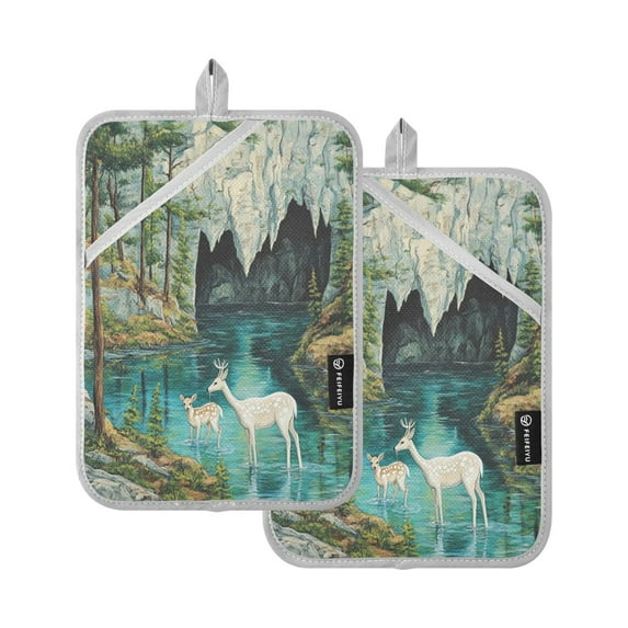 Two Pieces Of Square Heat Insulation Pad Oven Mitts 7x9.8 Inch Oven Microwave Kitchen Cooking Baking Mountain Deer