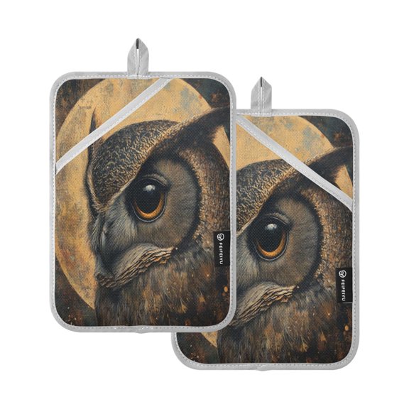 Two Pieces Of Square Heat Insulation Pad Oven Mitts 7x9.8 Inch Oven Microwave Kitchen Cooking Baking Owl under The Moon