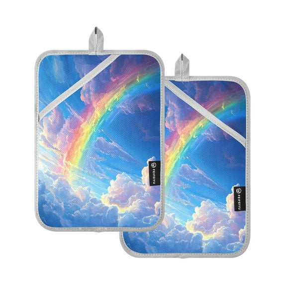 Two Pieces Of Square Heat Insulation Pad Oven Mitts 7x9.8 Inch Oven Microwave Kitchen Cooking Baking Picturesque Rainbow Cloud