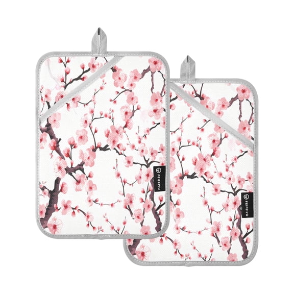 Two Pieces Of Square Heat Insulation Pad Oven Mitts 7x9.8 Inch Oven Microwave Kitchen Cooking Baking Pink Cherry Blossom