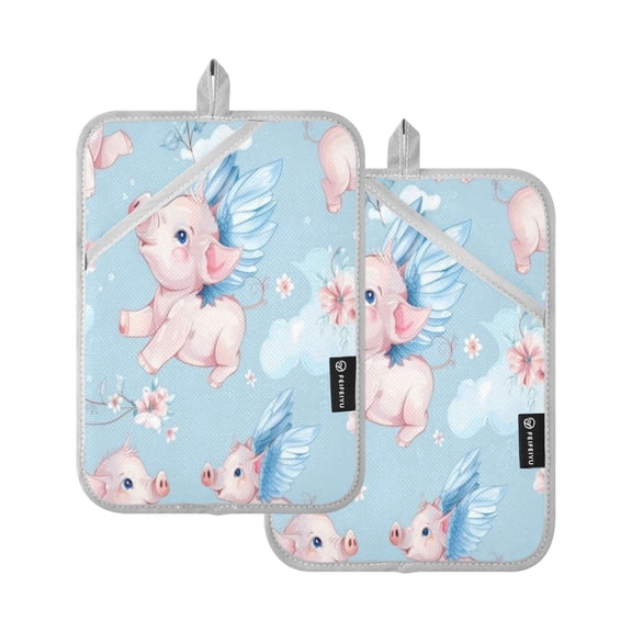 Two Pieces Of Square Heat Insulation Pad Oven Mitts 7x9.8 Inch Oven Microwave Kitchen Cooking Baking Pink Little Flying Pig