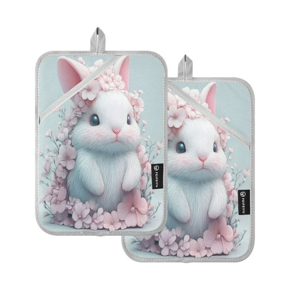 Two Pieces Of Square Heat Insulation Pad Oven Mitts 7x9.8 Inch Oven Microwave Kitchen Cooking Baking Pink Rabbit