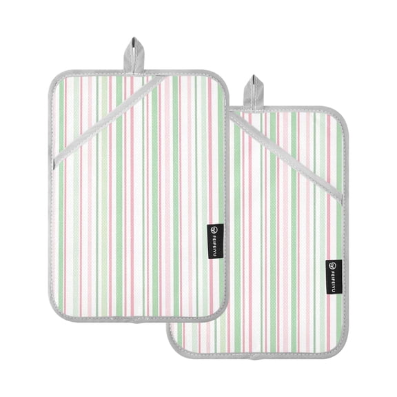 Two Pieces Of Square Heat Insulation Pad Oven Mitts 7x9.8 Inch Oven Microwave Kitchen Cooking Baking Pink and Green Stripes
