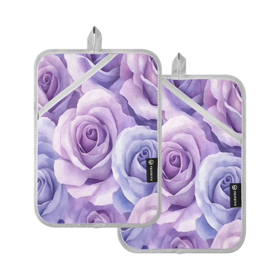 Two Pieces Of Square Heat Insulation Pad Oven Mitts 7x9.8 Inch Oven Microwave Kitchen Cooking Baking Purple Roses Seamless