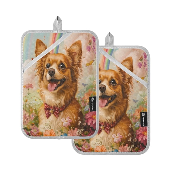Two Pieces Of Square Heat Insulation Pad Oven Mitts 7x9.8 Inch Oven Microwave Kitchen Cooking Baking Rainbow Yellow Dog