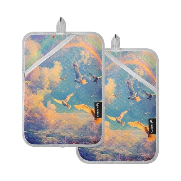 Two Pieces Of Square Heat Insulation Pad Oven Mitts 7x9.8 Inch Oven Microwave Kitchen Cooking Baking Sky Beautiful Dove
