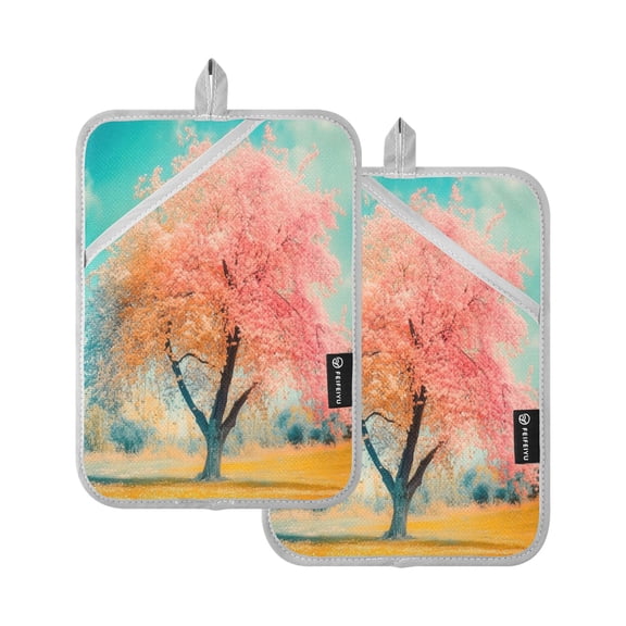 Two Pieces Of Square Heat Insulation Pad Oven Mitts 7x9.8 Inch Oven Microwave Kitchen Cooking Baking Spring Tree Scene