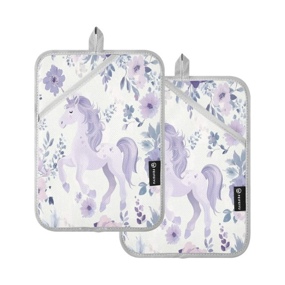 Two Pieces Of Square Heat Insulation Pad Oven Mitts 7x9.8 Inch Oven Microwave Kitchen Cooking Baking Super Cute Purple Unicorn
