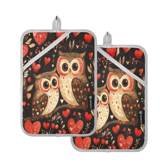 Two Pieces Of Square Heat Insulation Pad Oven Mitts 7x9.8 Inch Oven Microwave Kitchen Cooking Baking Valentine's Day Love Owl