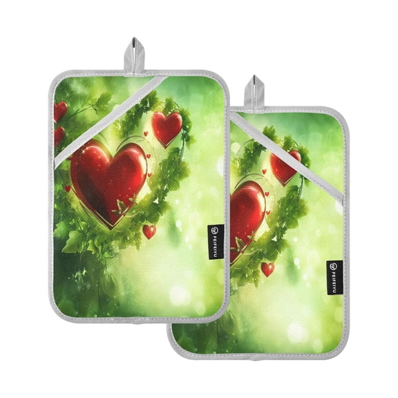 Two Pieces Of Square Heat Insulation Pad Oven Mitts 7x9.8 Inch Oven Microwave Kitchen Cooking Baking Valentine's Day Red Heart Pattern
