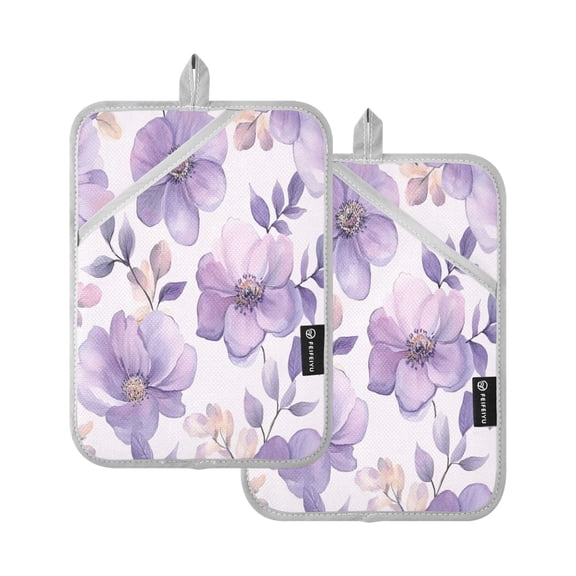 Two Pieces Of Square Heat Insulation Pad Oven Mitts 7x9.8 Inch Oven Microwave Kitchen Cooking Baking Vibrant Lavender Flowers
