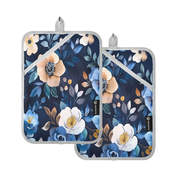 Two Pieces Of Square Heat Insulation Pad Oven Mitts 7x9.8 Inch Oven Microwave Kitchen Cooking Baking Vibrant Navy Flowers