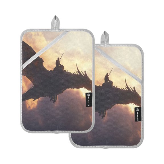 Two Pieces Of Square Heat Insulation Pad Oven Mitts 7x9.8 Inch Oven Microwave Kitchen Cooking Baking Warrior Dragon