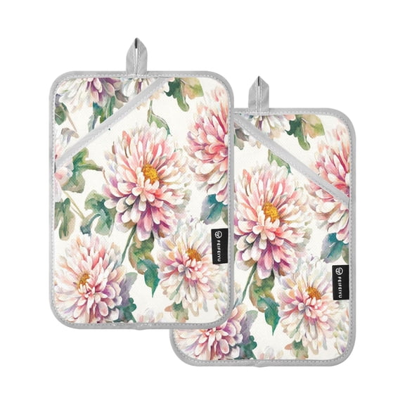 Two Pieces Of Square Heat Insulation Pad Oven Mitts 7x9.8 Inch Oven Microwave Kitchen Cooking Baking White Chrysanthemums