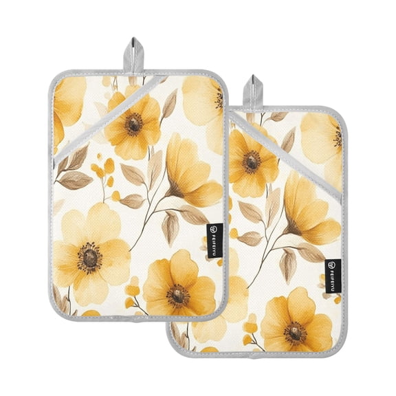 Two Pieces Of Square Heat Insulation Pad Oven Mitts 7x9.8 Inch Oven Microwave Kitchen Cooking Baking Yellow Flower