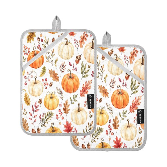 Two Pieces Of Square Heat Insulation Pad Oven Mitts Pumpkin Autumn Leaves 7x9.8 Inch Oven Microwave Kitchen Cooking Baking