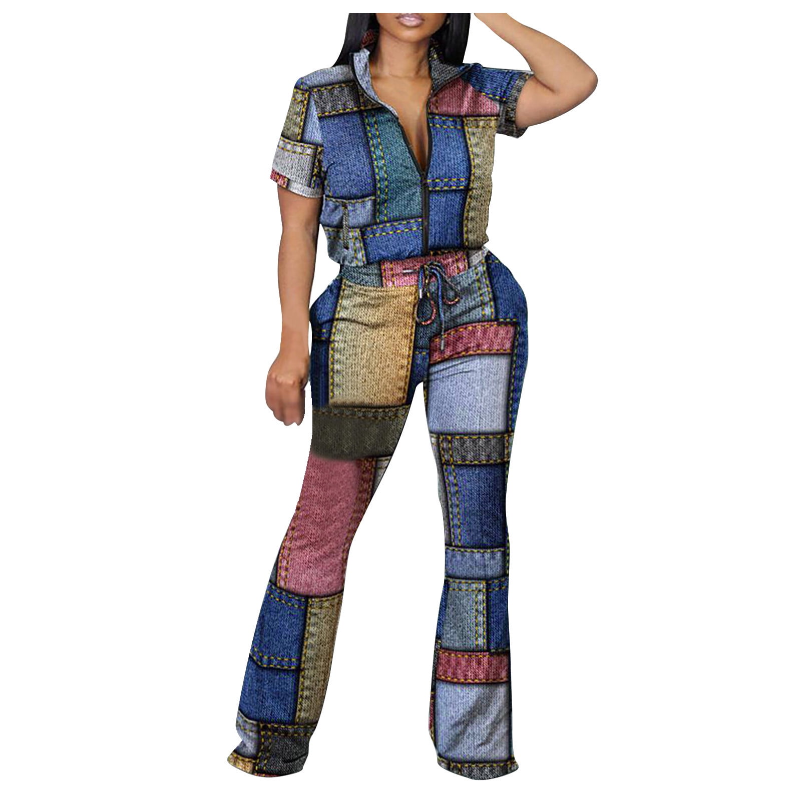 Two Pieces Outfit for Women Suit Pants Set Summer Color Block Matching  Printed V-neck Lapel Half Zip Top Flare 2PC (XXL, Multicolor-D)