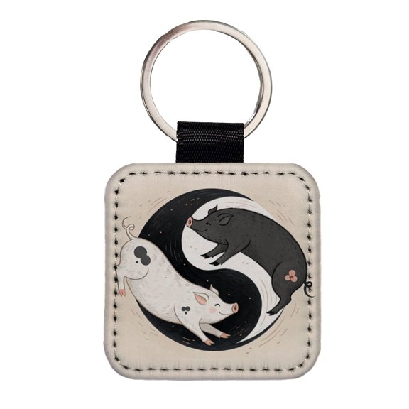 Two Pigs Yin Yang Cute Faux Leather Square Keychain