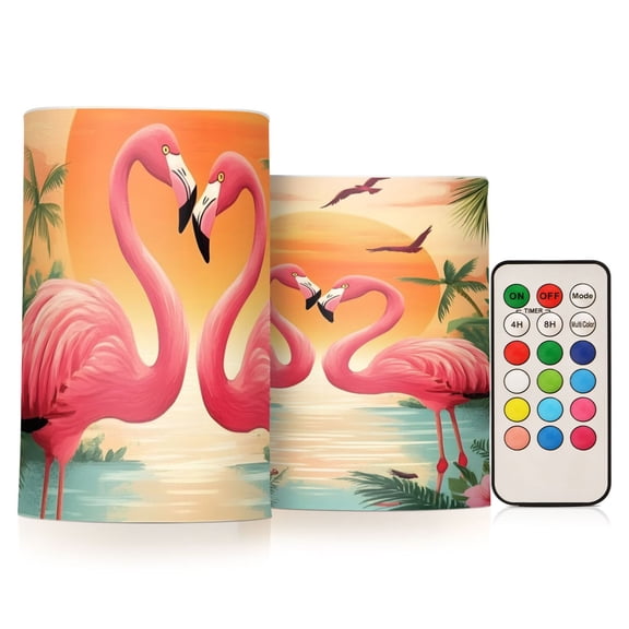 Two Pink Flamingos Flickering Flameless Candles Battery Operated with Remote Timer LED Pillar Candles Set of 2