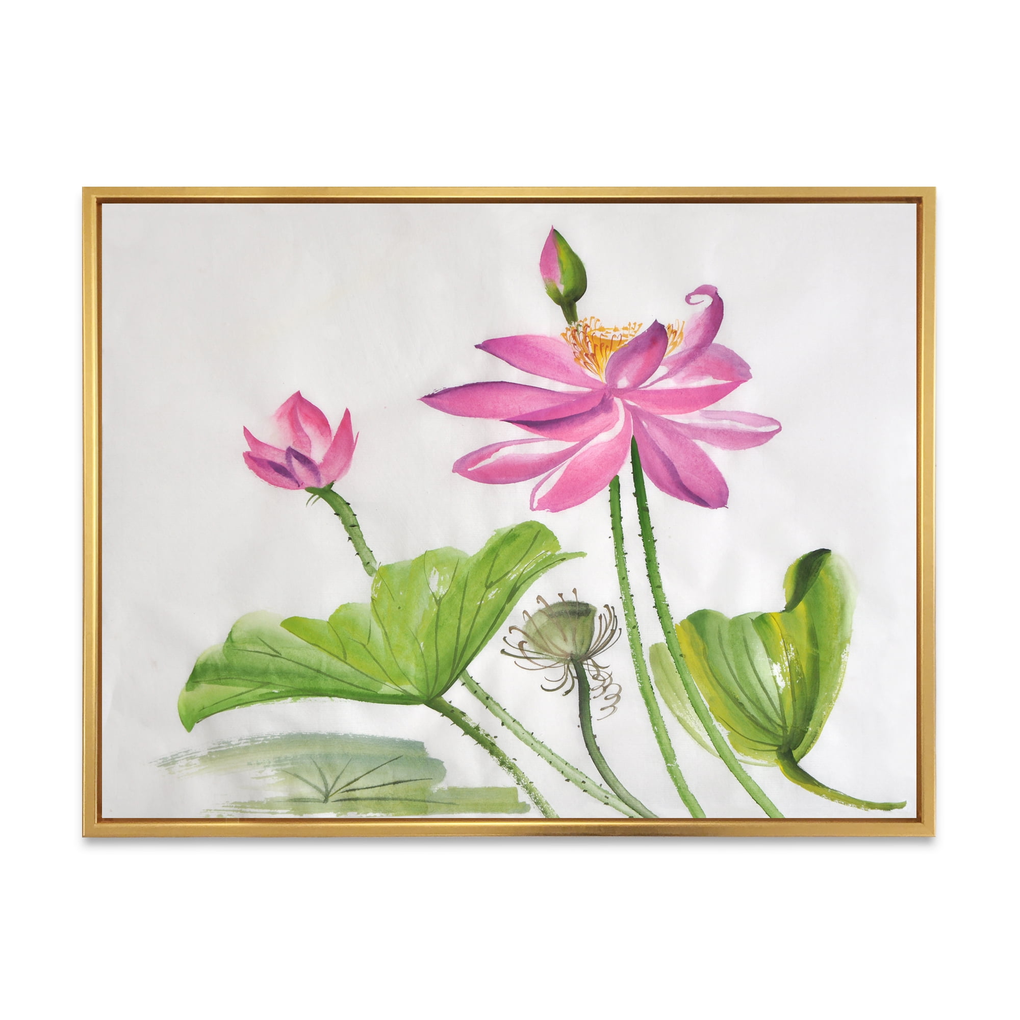 Two Pink Lotus Flowers With Green Leaves 32 in x 16 in Framed Painting Canvas Art Print, by Designart