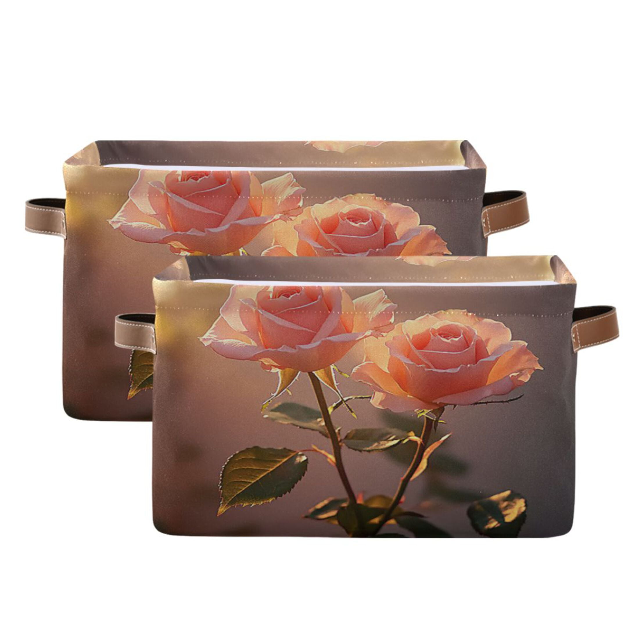 Two Pink Roses Foldable Storage Basket,Canvas Fabric Foldable Storage Bins with Handles Open Home Storage Bins Boxes for Toy Book Shelf Closet Baskets