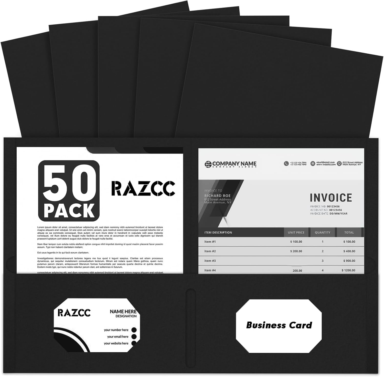 Two Pocket Folders, 50 Pack 2 Pocket Folders Fit Letter Size Paper, Paper Folders with Pockets for School Office Business Home, Black