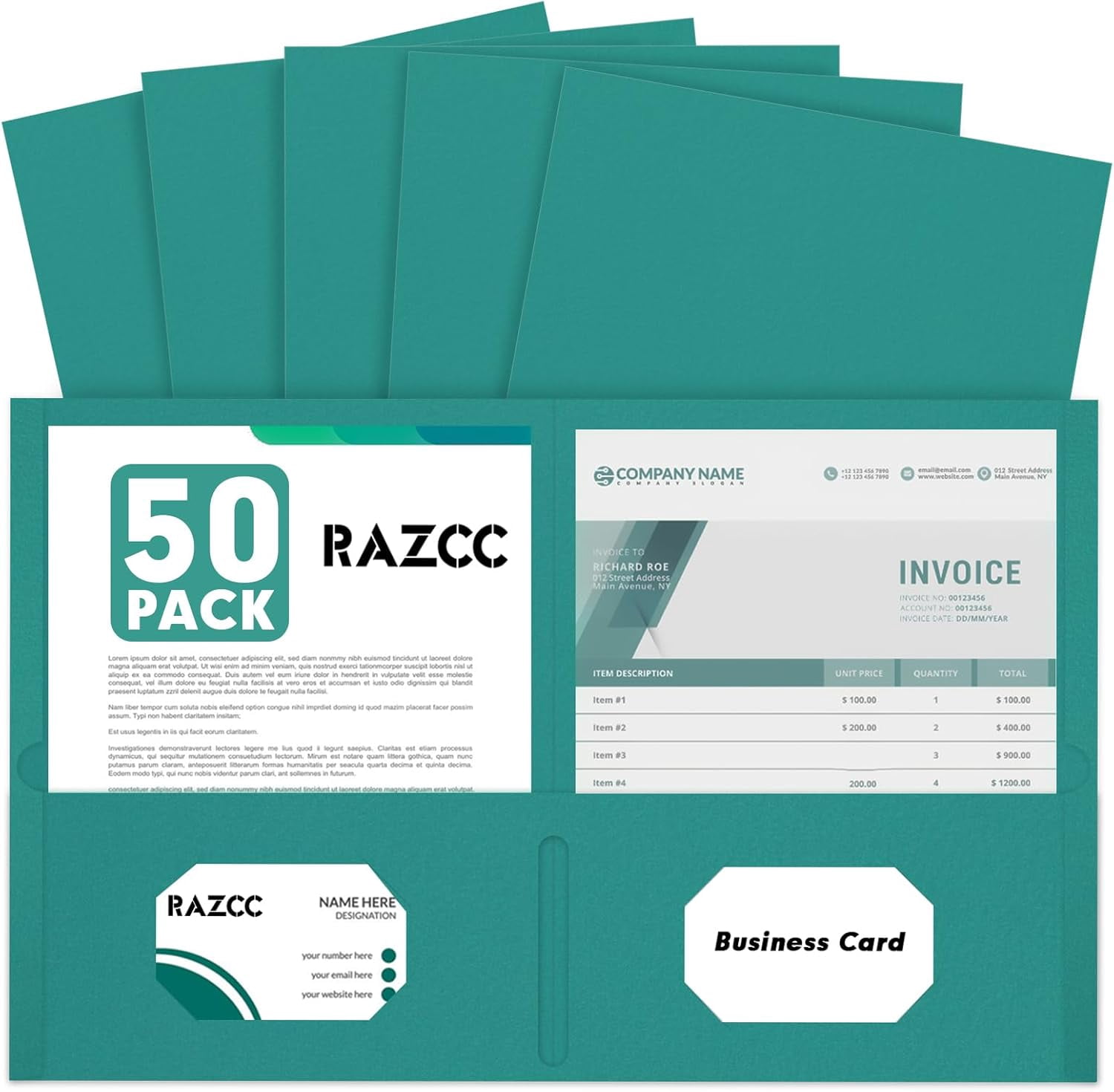 Two Pocket Folders, 50 Pack 2 Pocket Folders Fit Letter Size Paper, Paper Folders with Pockets for School Office Business Home, Turquoise