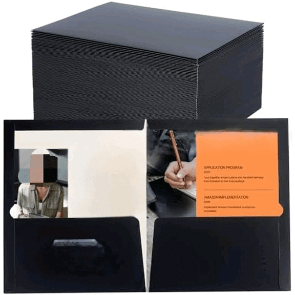 Two-Pocket Folders Black Glossy Laminated Paper Folder, Letter Size Folders with Pockets, Holds 100 Sheets, Box of 48$$Office