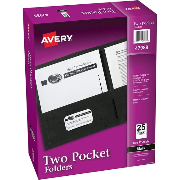 Two Pocket Folders, Holds up to 40 Sheets, Business Card Slot, 25 Black Folders (47988)