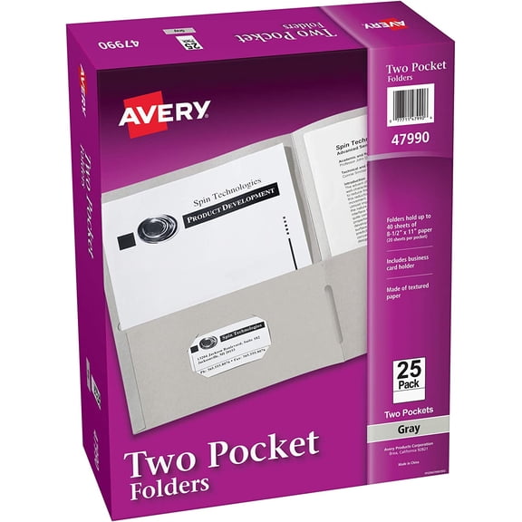 Two Pocket Folders, Holds up to 40 Sheets, Business Card Slot, 25 Gray Folders (47990)