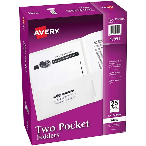 Two Pocket Folders, Holds up to 40 Sheets, Business Card Slot, 25 White Folders (47991)