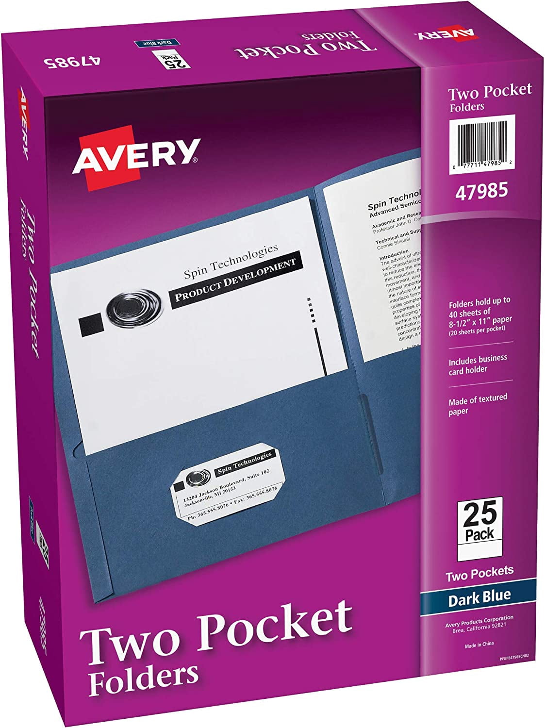 Two Pocket Folders, Holds up to 40 Sheets, Business Card Slot, Ideal for Portfolios, Presentations and School, Dark Blue, Box of 25 (47985)