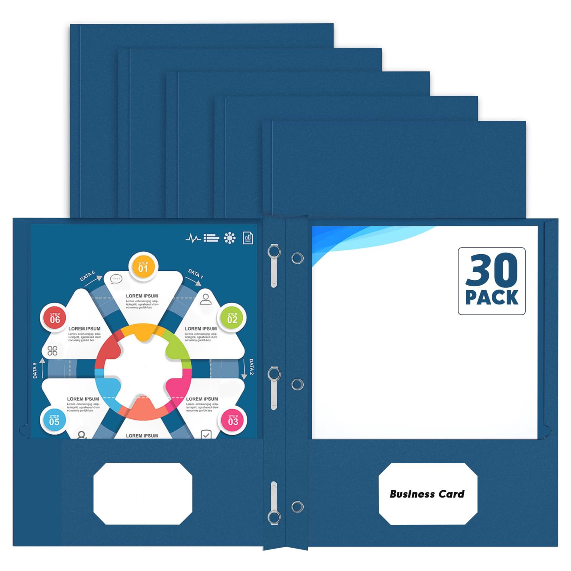 Two Pocket Folders With Prongs, 30 Pack Letter Size 3 Prong Folders for Office Classroom Organization, Durable Document Holders with Card Slots, Blue