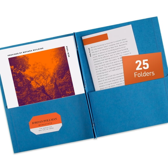Two Pocket Folders with 3 Prong Fasteners, 25 Blue Folders (47976)