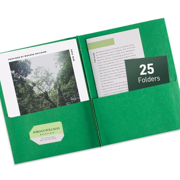 Two Pocket Folders with 3 Prong Fasteners, 25 Green Folders (47977)