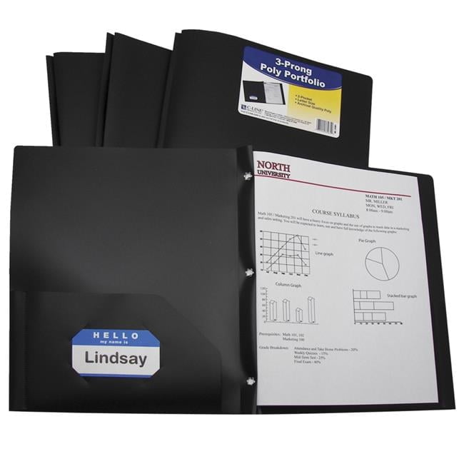 Two-Pocket Heavyweight Poly Portfolio Folder with Prongs - Black - Pack of 25
