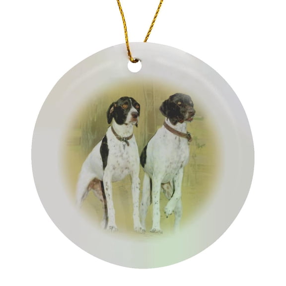 3drose, Two Pointer Hunting Dogs at Attention. Digital Oil Painting, Circle Porcelain Ornament